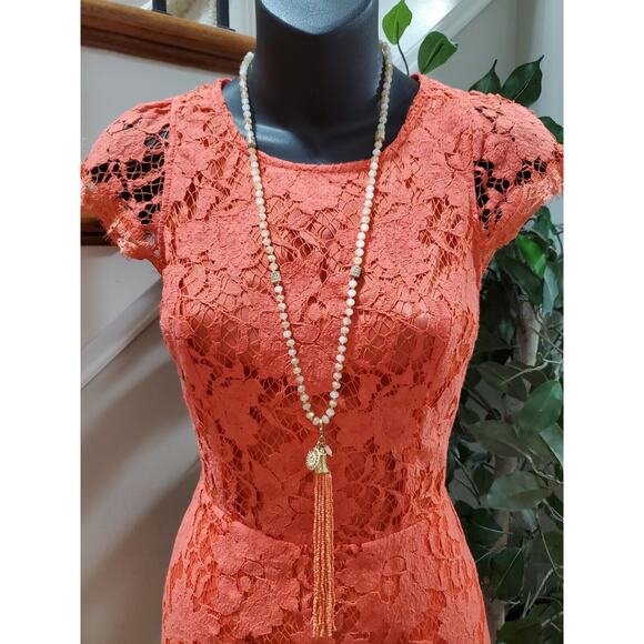 Signature8 Women Red Lace Floral Open Back Short Sleeve Knee Length Dress Small - Picture 13 of 14
